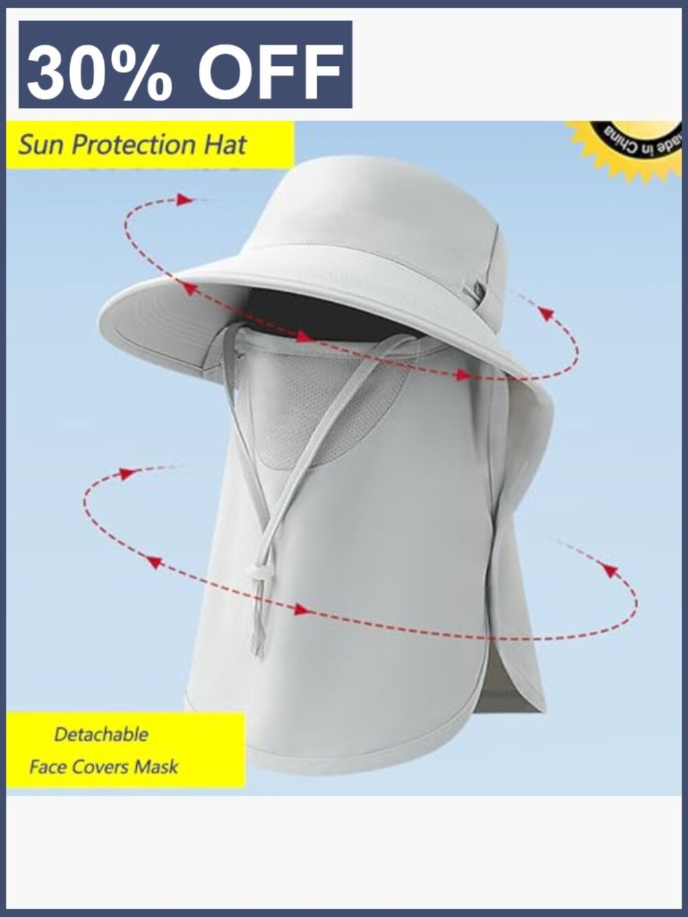 Large Brim Sun Hat with Detachable Face Neck Cover UPF 50+ - Picture 7 of 7